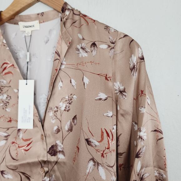 L'Agence Aoki 100% Silk Satin Floral Button-Down Blouse Beige 3/4 Sleeve XS - Picture 3 of 8